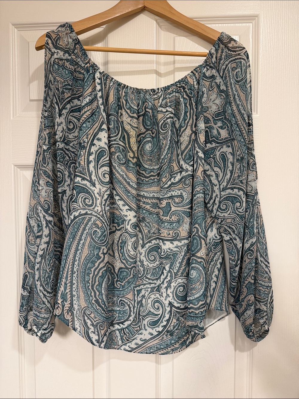 Paisley Peasant Blouse in Teal and Cream